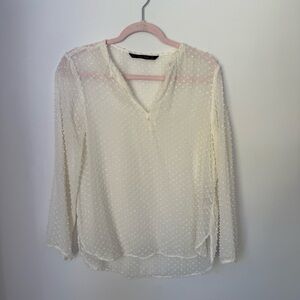 Zara Basic White Swiss Dot Blouse Size Large Sheer Long Sleeve